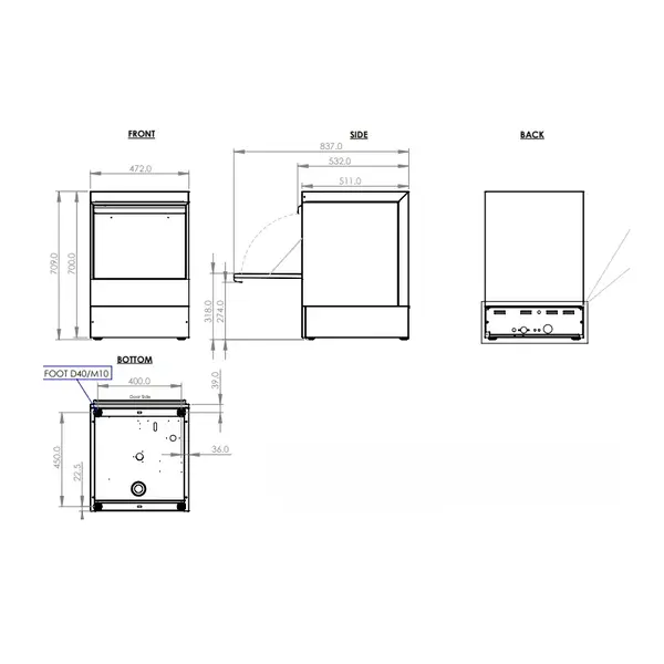 Glazenspoelmachine | ENTRY LINE | Mand 400x400 | Afvoerpomp | Zeeppomp | Naglanspomp | 230V | 472x532x709(h)mm