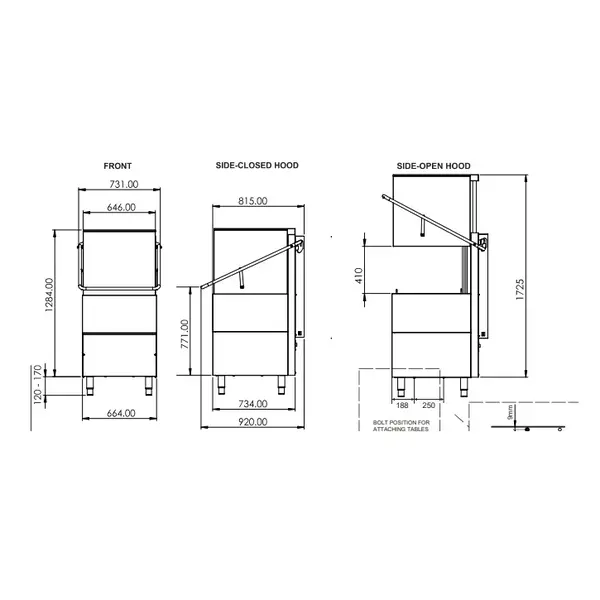 Doorschuifvaatwasser | Mand 500x500 | Zeeppomp | Naglanspomp | 400V | 731x815x1430/1870(h)mm