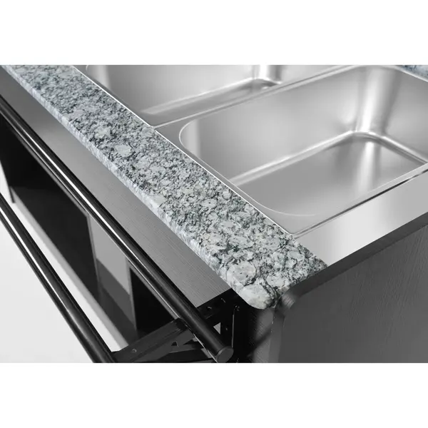 Verwarmd Buffet | Hout/RVS | 4x 1/1 GN | 30°C/90°C | Bain-Marie | Liftkap (Verlicht) | Wielen (Geremd) | 1490x765x1370(h)mm