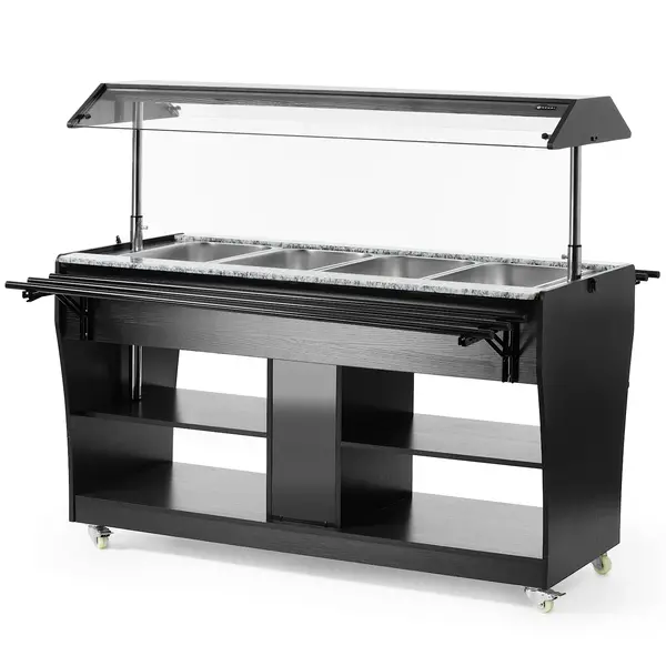 Verwarmd Buffet | Hout/RVS | 4x 1/1 GN | 30°C/90°C | Bain-Marie | Liftkap (Verlicht) | Wielen (Geremd) | 1490x765x1370(h)mm