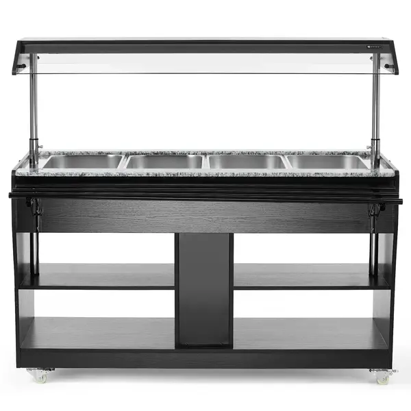 Verwarmd Buffet | Hout/RVS | 4x 1/1 GN | 30°C/90°C | Bain-Marie | Liftkap (Verlicht) | Wielen (Geremd) | 1490x765x1370(h)mm