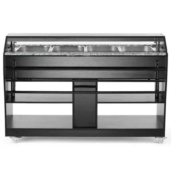 Verwarmd Buffet | Hout/RVS | 4x 1/1 GN | 30°C/90°C | Bain-Marie | Liftkap (Verlicht) | Wielen (Geremd) | 1490x765x1370(h)mm