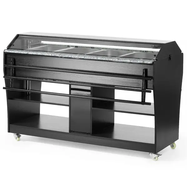 Verwarmd Buffet | Hout/RVS | 4x 1/1 GN | 30°C/90°C | Bain-Marie | Liftkap (Verlicht) | Wielen (Geremd) | 1490x765x1370(h)mm