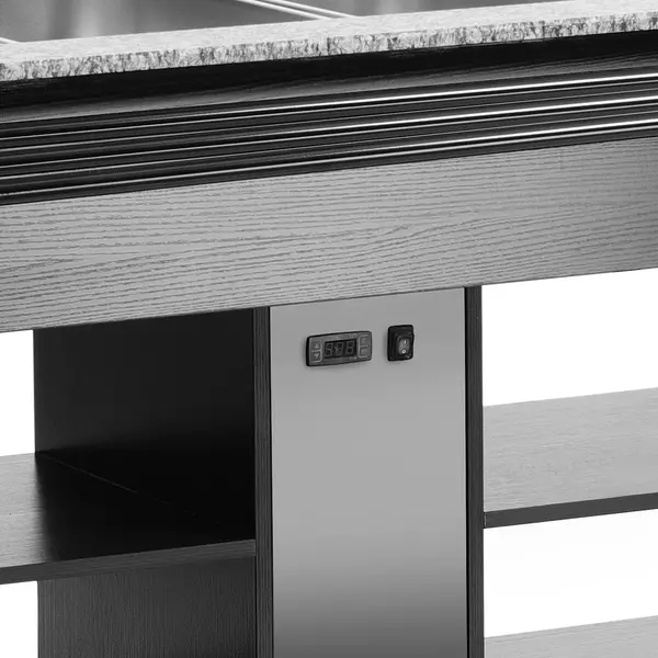 Verwarmd Buffet | Hout/RVS | 4x 1/1 GN | 30°C/90°C | Bain-Marie | Liftkap (Verlicht) | Wielen (Geremd) | 1490x765x1370(h)mm