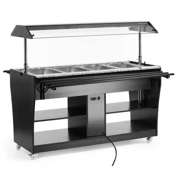Verwarmd Buffet | Hout/RVS | 4x 1/1 GN | 30°C/90°C | Bain-Marie | Liftkap (Verlicht) | Wielen (Geremd) | 1490x765x1370(h)mm