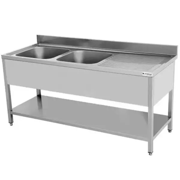 Spoeltafel | ECO | RVS | 2 Spoelbakken (Links) + Afdruipvlak | Bodemschap | Achteropstand | Zelfmontage | 1600x700x850(h)mm