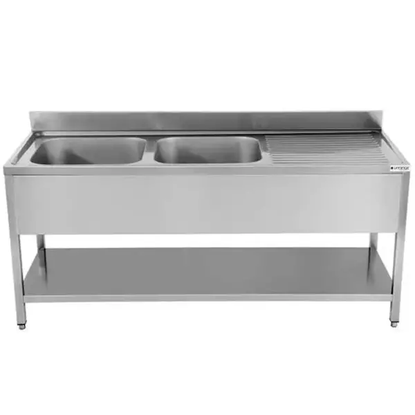 Spoeltafel | ECO | RVS | 2 Spoelbakken (Links) + Afdruipvlak | Bodemschap | Achteropstand | Zelfmontage | 1600x700x850(h)mm
