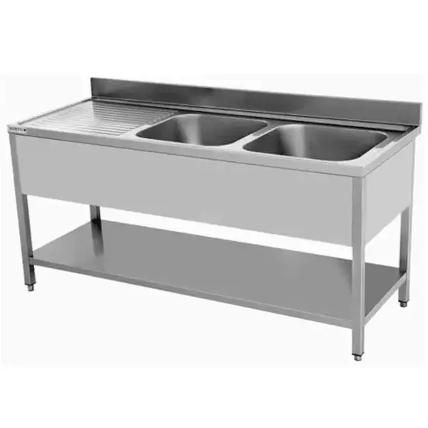 Spoeltafel | ECO | RVS | 2 Spoelbakken (Rechts) + Afdruipvlak | Bodemschap | Achteropstand | Zelfmontage | 1600x700x850(h)mm