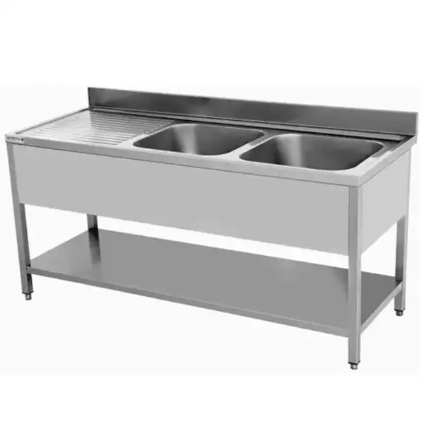 Spoeltafel | ECO | RVS | 2 Spoelbakken (Rechts) + Afdruipvlak | Bodemschap | Achteropstand | Zelfmontage | 1800x700x850(h)mm