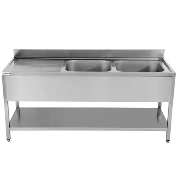 Spoeltafel | ECO | RVS | 2 Spoelbakken (Rechts) + Afdruipvlak | Bodemschap | Achteropstand | Zelfmontage | 1800x700x850(h)mm