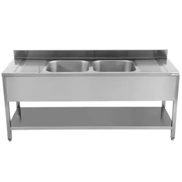 Spoeltafel | ECO | RVS | 2 Spoelbakken (Midden) + Afdruipvlak | Bodemschap | Achteropstand | Zelfmontage | 2000x700x850(h)mm