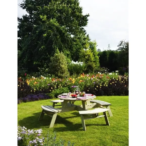 Picknicktafel | Hout (FSC) | Tafelblad Ø1200mm | In-/Outdoor | Parasolgat | Ø2000x720(h)mm