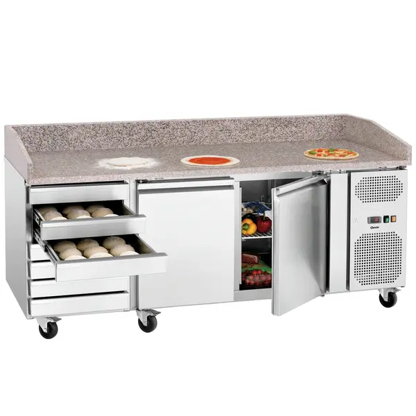 Pizzawerkbank | 360L | 2 Deuren + 7 Deegladen (EN600x400) | -2°C/+8°C | Statisch + Ventilator | Wielen (Geremd) | 2015x795x975(h)mm