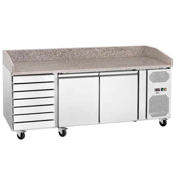 Pizzawerkbank | 360L | 2 Deuren + 7 Deegladen (EN600x400) | -2°C/+8°C | Statisch + Ventilator | Wielen (Geremd) | 2015x795x975(h)mm