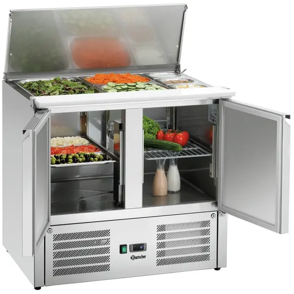 Saladette | 260L | 2 Deuren (1/1 GN) | Boven 2x 1/1 GN + 3x 1/6 GN | 0°C/+10°C | Geforceerd | Klapdeksel | 910x700x887(h)mm