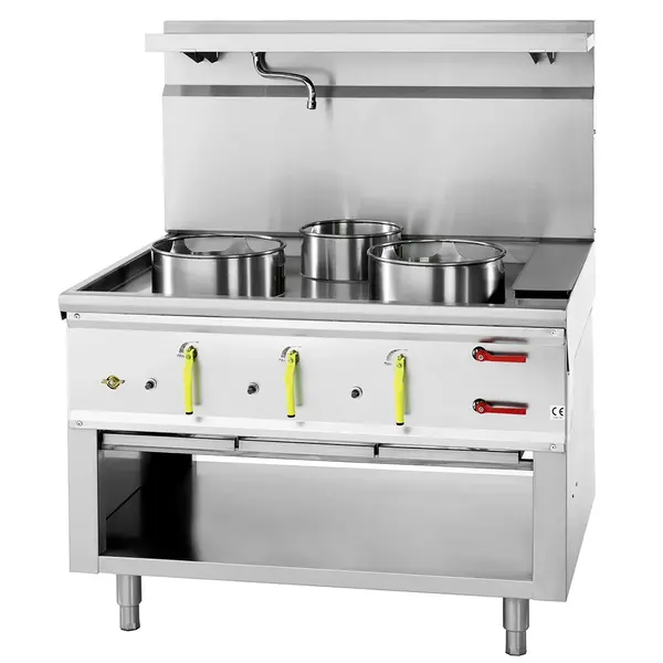 Wokfornuis | ASIA II | Gas | Wokbrander (20/25/35kW) + 2 Soepbranders (2x 12kW) | Piëzo Ontsteking | Watergordijn (1 Kraan) | Open Onderkast | 1400x900x780/1320(h)mm