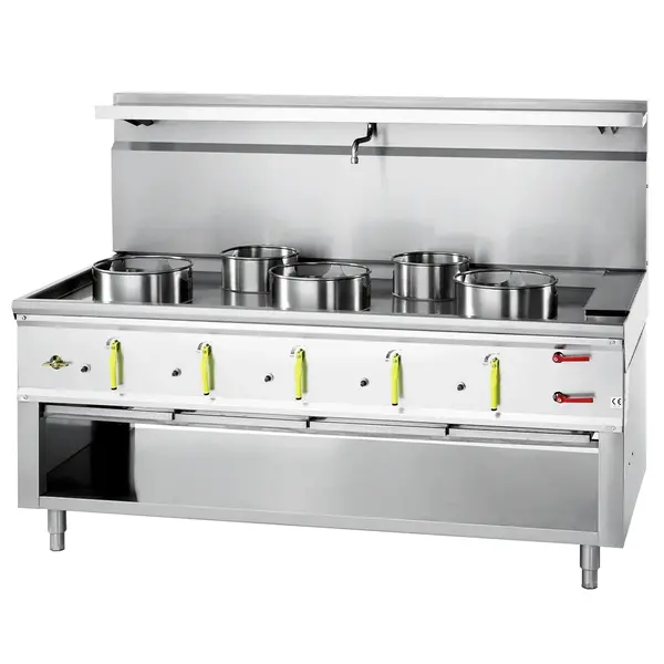 Wokfornuis | ASIA II | Gas | 3 Wokbranders (3x 20/25/35kW) + 2 Soepbranders (2x 12kW) | Piëzo Ontsteking | Watergordijn (1 Kraan) | Open Onderkast | 1800x900x780/1320(h)mm