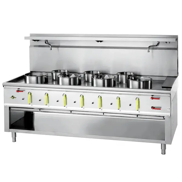 Wokfornuis | ASIA II | Gas | 2 Wokbranders (2x 20/25/35kW) + 4 Soepbranders (4x 12kW) | Piëzo Ontsteking | Watergordijn (2 Kranen) | Open Onderkast | 2250x900x780/1320(h)mm