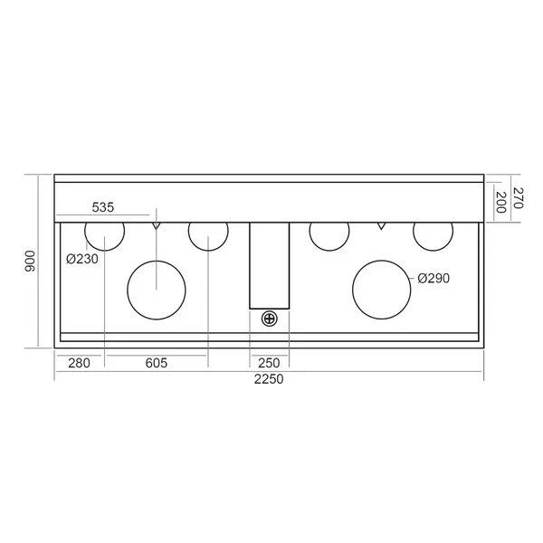 Wokfornuis | ASIA II | Gas | 2 Wokbranders (2x 20/25/35kW) + 4 Soepbranders (4x 12kW) | Piëzo Ontsteking | Watergordijn (2 Kranen) | Open Onderkast | 2250x900x780/1320(h)mm
