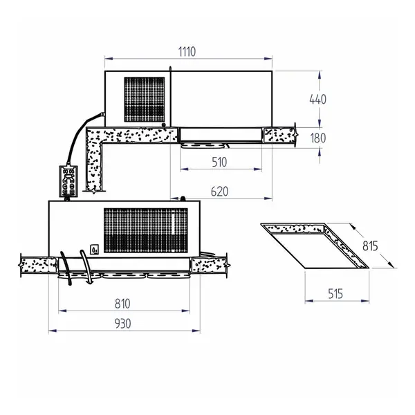 Plafondunit | 13.7-15.5m³ | -15°C/-25°C | 1.2kW (400V) | 1110x930x440/620(h)mm