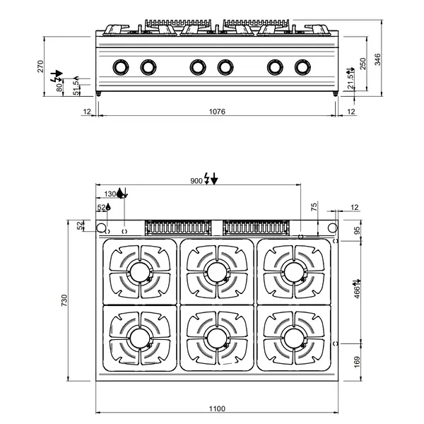 Fornuis | OPTIMA 700 | Gas | 6 Branders (6x 7kW) | Waakvlam | 1100x700x250/320(h)mm