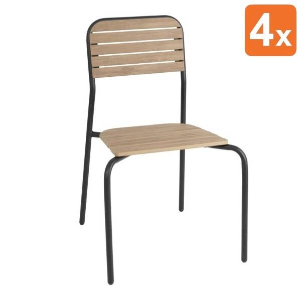 Stoelen | SANTORINI | Hout/Staal | Naturel | Zwart Frame | In-/Outdoor | Stapelbaar | 4 Stuks | 525x570x845(h)mm