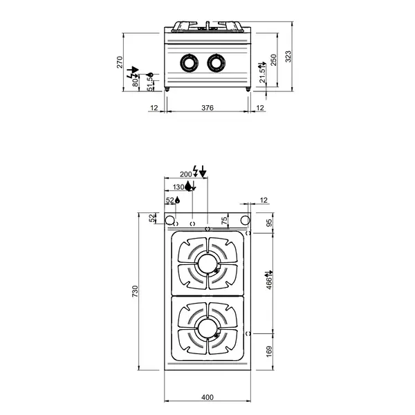 Fornuis | OPTIMA 700 | Gas | 2 Branders (2x 7kW) | Waakvlam | 400x700x250/320(h)mm