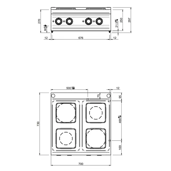 Fornuis | OPTIMA 700 | Elektrisch | 4 Kookpunten (Ø150/220) | 8.2kW (400V) | 700x700x250/320(h)mm