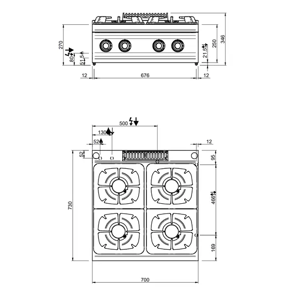Fornuis | OPTIMA 700 | Gas | 4 Branders (4x 7kW) | Waakvlam | 700x700x250/320(h)mm