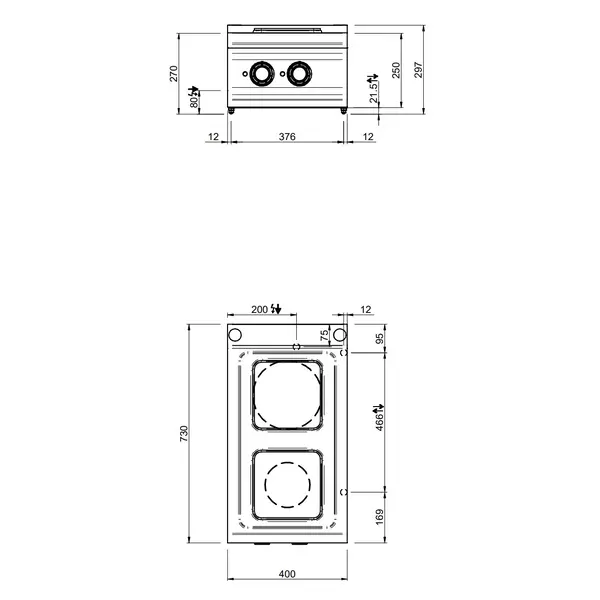 Fornuis | OPTIMA 700 | Elektrisch | 2 Kookpunten (220x220) | 5.2kW (400V) | 400x700x250/320(h)mm