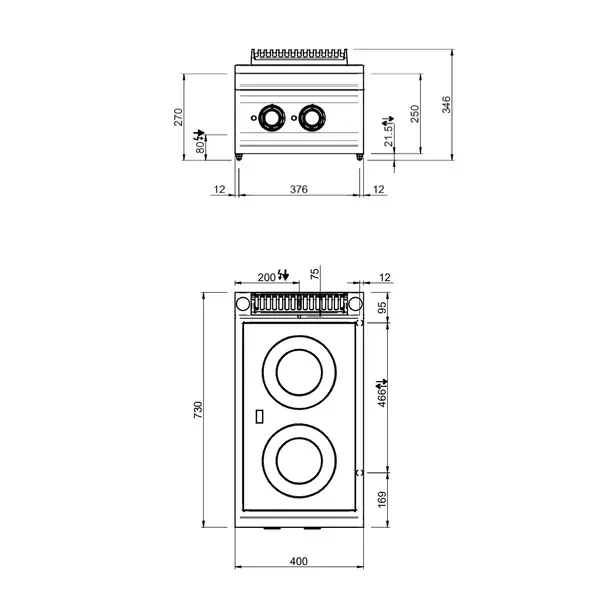 Glaskeramisch Fornuis | OPTIMA 700 | 2 Kookpunten | 4.3kW (400V) | 400x700x250/320(h)mm