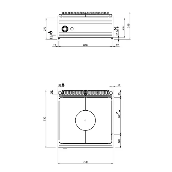 Doorkookplaat | OPTIMA 700 | Gas | 10kW | Piëzo Ontsteking | 700x700x250/320(h)mm