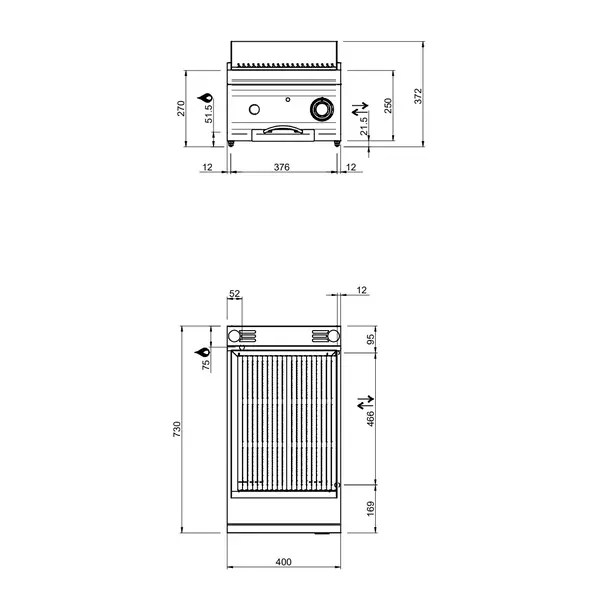 Lavasteengrill | OPTIMA 700 | Gas | Oppervlak 352x475 (Gietijzer) | 7.5kW | Piëzo Ontsteking | 400x700x250/320(h)mm