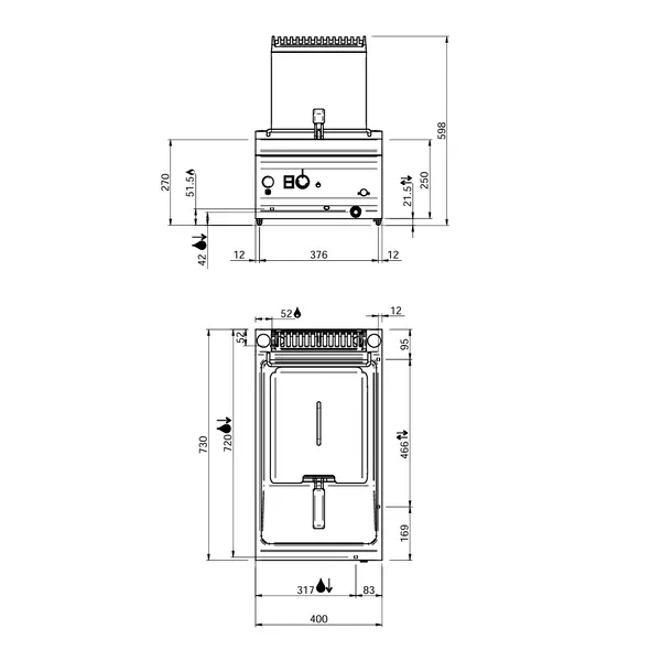 Friteuse | OPTIMA 700 | Gas | 9L | 90°C/190°C | 7.4kW | Piëzo Ontsteking | Aftapkraan | 400x700x250/580(h)mm