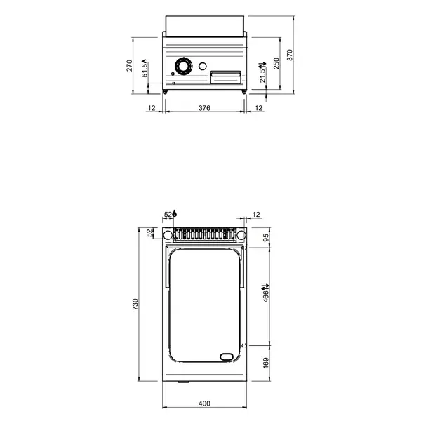 Bak-/Grillplaat | OPTIMA 700 | Gas | Glad Oppervlak 330x540 (Verchroomd) | 7kW | Piëzo Ontsteking | 400x700x250/320(h)mm
