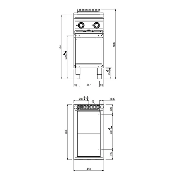 Fornuis | OPTIMA 700 | Elektrisch | 2 Kookpunten (300x300) | 5kW (400V) | Open Onderkast | 400x700x850/920(h)mm