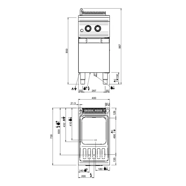 Pastakoker | OPTIMA 700 | Gas | 26L | 8.5kW | Piëzo Ontsteking | Vulkraan + Aftapkraan | 400x700x850/920(h)mm