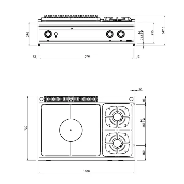 Fornuis/Doorkookplaat | OPTIMA 700 | Gas | 2 Branders (2x 7kW) + Plaat (10kW) | Waakvlam/Piëzo | 1100x700x250/320(h)mm