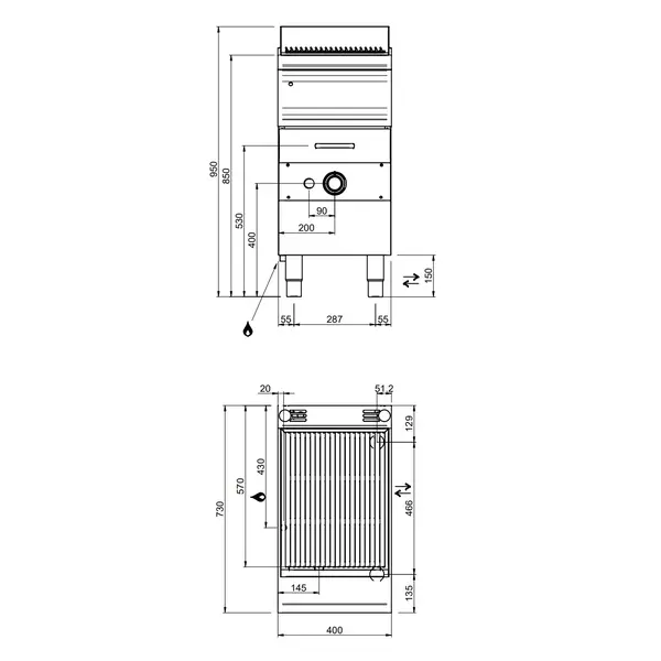 Stoomgrill | OPTIMA 700 | Gas | Oppervlak 352x475 (Gietijzer) | 8.5kW | Piëzo Ontsteking | Uitneembare Waterlade | 400x700x850/920(h)mm