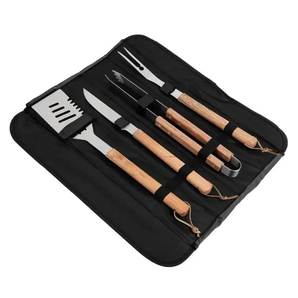 Barbecueset | RVS/Hout | Vleesvork, Barbecuetang, Vleesmes, Getande Spatel | Incl. Foudraal