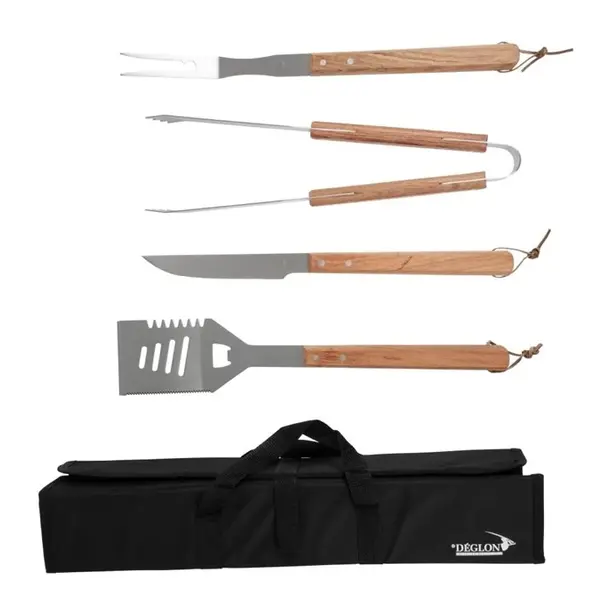 Barbecueset | RVS/Hout | Vleesvork, Barbecuetang, Vleesmes, Getande Spatel | Incl. Foudraal
