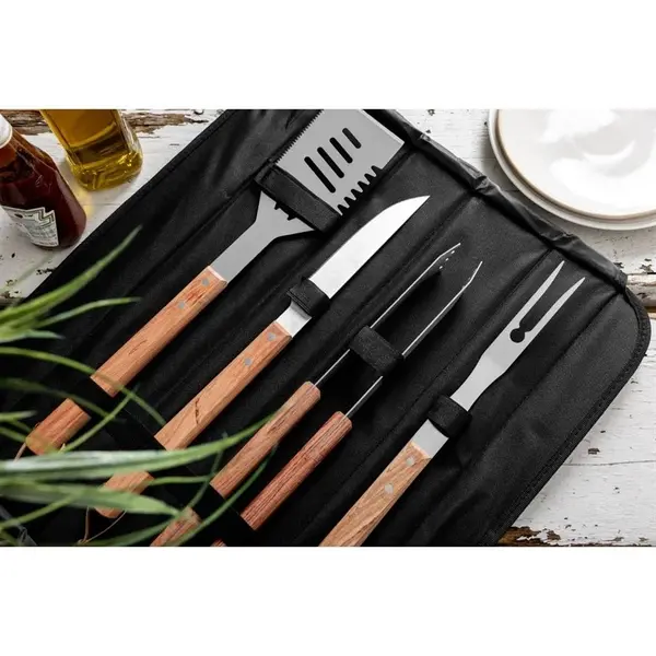 Barbecueset | RVS/Hout | Vleesvork, Barbecuetang, Vleesmes, Getande Spatel | Incl. Foudraal