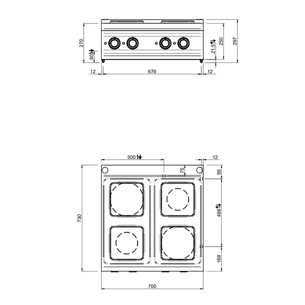 Fornuis | OPTIMA 700 | Elektrisch | 4 Kookpunten (220x220) | 10.4kW (400V) | 700x700x250/320(h)mm
