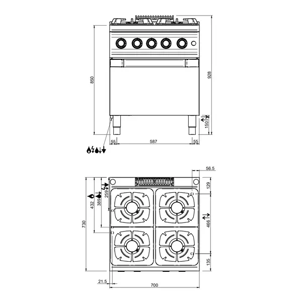 Fornuis + Oven | OPTIMA 700 | Gas | 4 Branders (4x 7kW) + 2/1 GN Oven (6kW) | Waakvlam/Piëzo | 700x700x850/920(h)mm