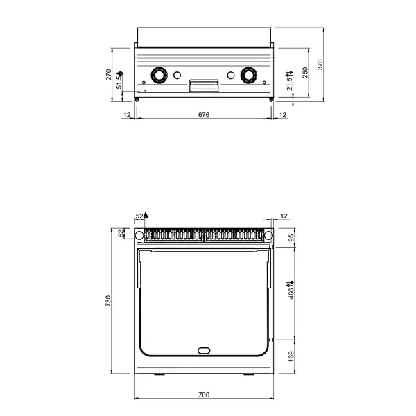 Bak-/Grillplaat | OPTIMA 700 | Gas | Glad Oppervlak 630x540 (Verchroomd) | 14kW | Piëzo Ontsteking | 700x700x250/320(h)mm