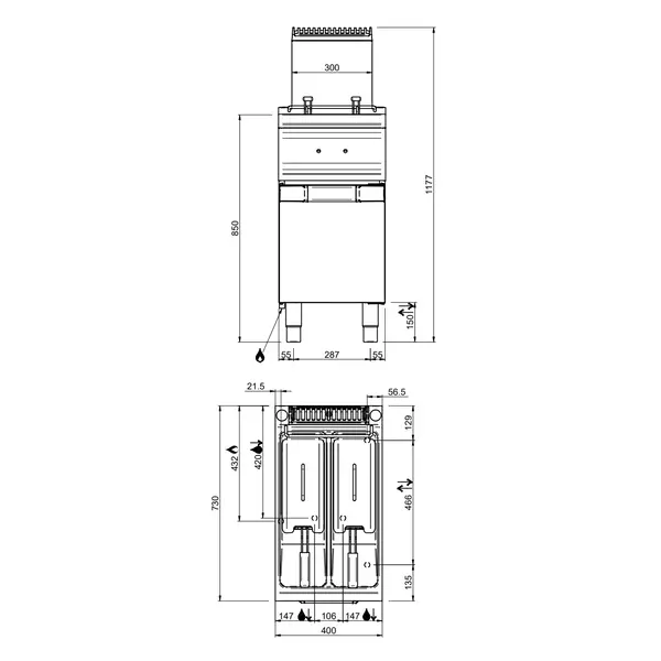 Friteuse | OPTIMA 700 | Gas | 7+7L | 90°C/190°C | 12.5kW | Piëzo Ontsteking | Aftapkranen | 400x700x850/1180(h)mm