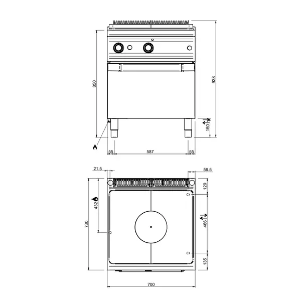 Doorkookplaat + Oven | OPTIMA 700 | Gas | 10kW + 2/1 GN Oven (6kW) | Piëzo Ontsteking | 700x700x850/920(h)mm