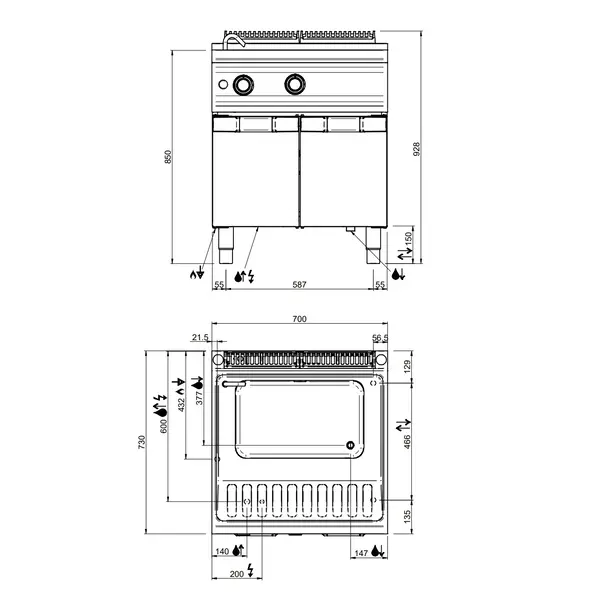 Pastakoker | OPTIMA 700 | Gas | 40L | 13.3kW | Piëzo Ontsteking | Vulkraan + Aftapkraan | 700x700x850/920(h)mm
