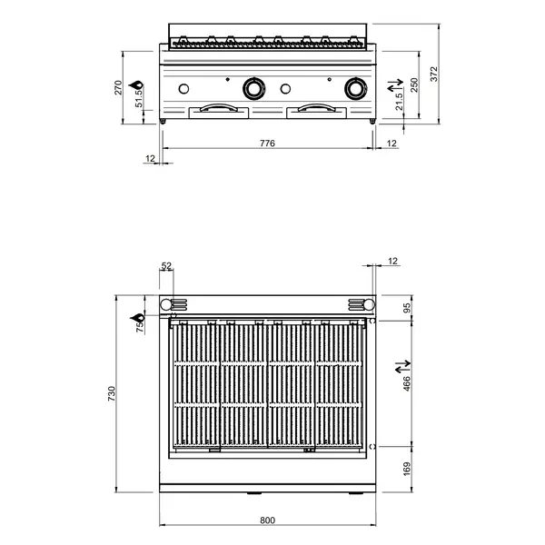 Lavasteengrill | OPTIMA 700 | Gas | Oppervlak 704x475 (Gietijzer) | 15kW | Piëzo Ontsteking | 800x700x250/320(h)mm