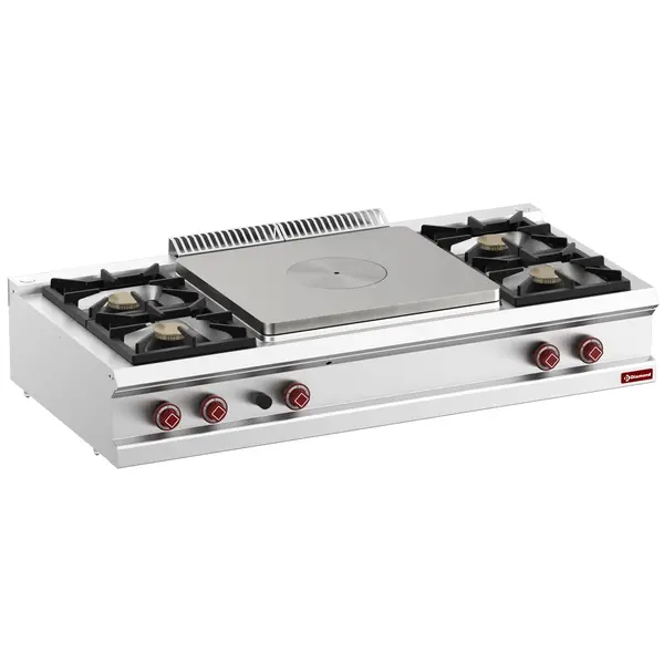 Fornuis/Doorkookplaat | OPTIMA 700 | Gas | 4 Branders (4x 7kW) + Plaat (10kW) | Waakvlam/Piëzo | 1500x700x250/320(h)mm